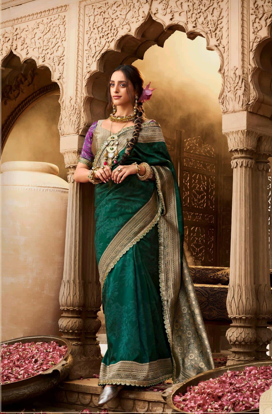 Luxury Green Silk Saree with Embroidered Border for Weddings UK
