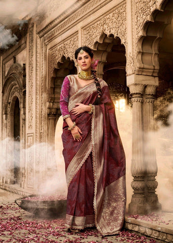 Luxury Maroon Silk Saree with Embroidered Border for Weddings UK