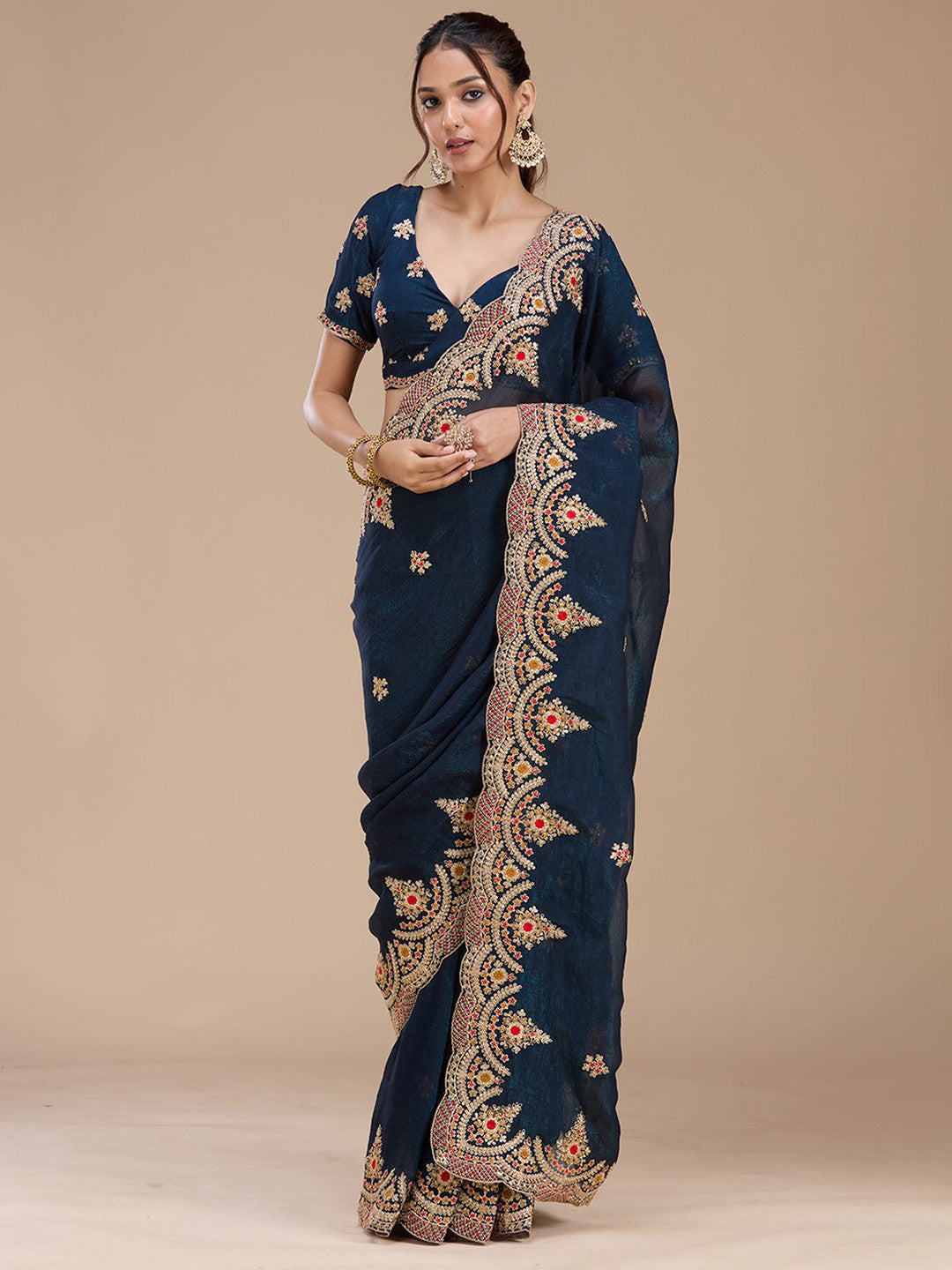Navy Blue Embroidered Designer Saree with Blouse – Wedding & Party Wear