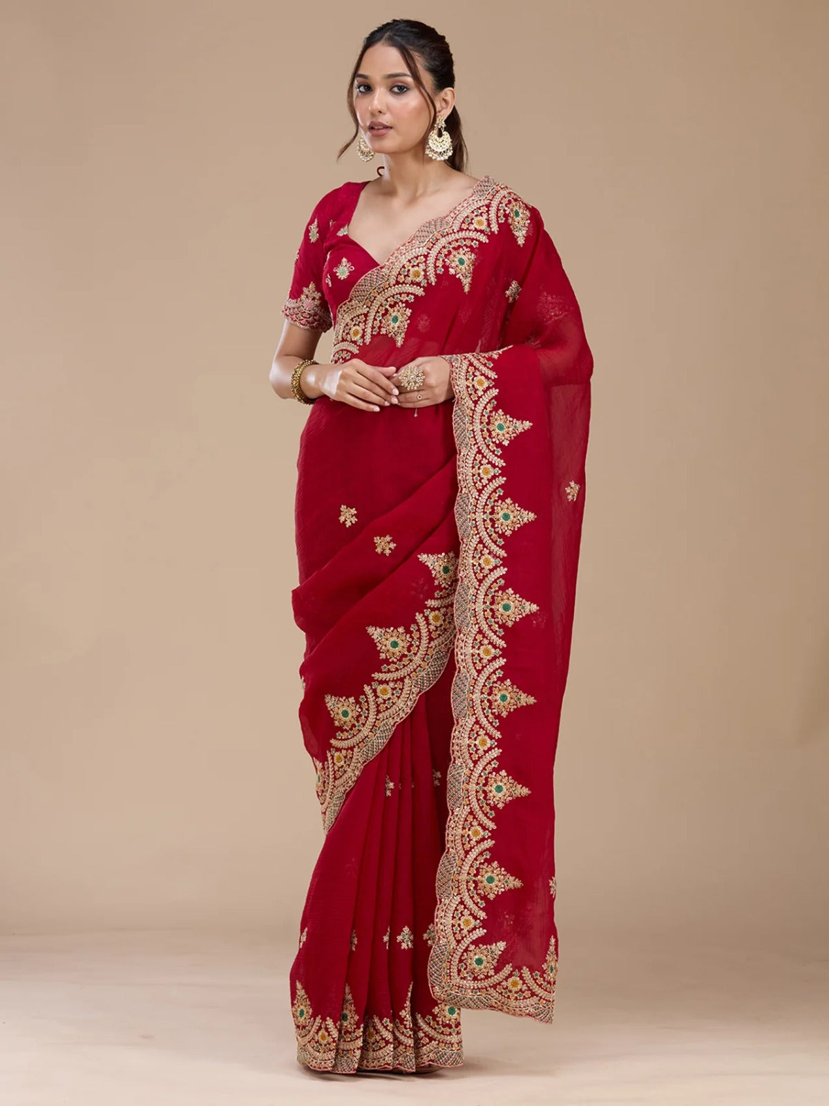 Red Embroidered Designer Saree with Blouse – Wedding & Party Wear