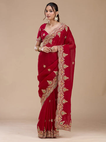 Red Embroidered Designer Saree with Blouse – Wedding & Party Wear