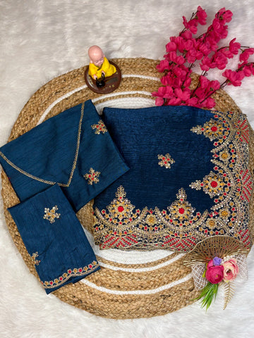 Navy Blue Embroidered Designer Saree with Blouse – Wedding & Party Wear
