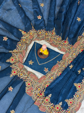 Navy Blue Embroidered Designer Saree with Blouse – Wedding & Party Wear