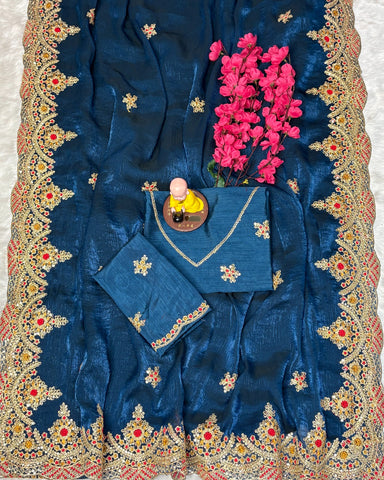 Navy Blue Embroidered Designer Saree with Blouse – Wedding & Party Wear