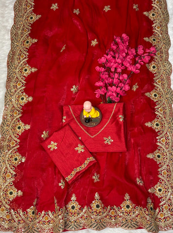 Red Embroidered Designer Saree with Blouse – Wedding & Party Wear