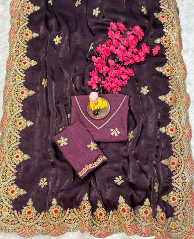 Wine Embroidered Designer Saree with Blouse – Wedding & Party Wear