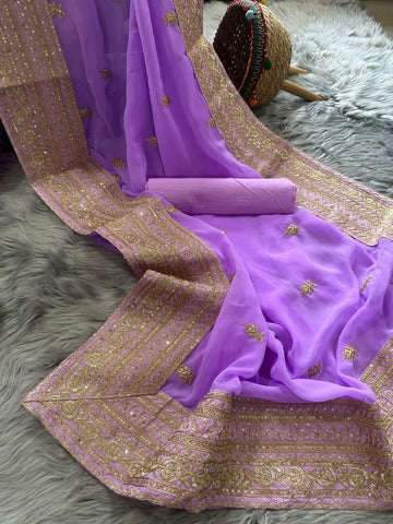 Lavender Embroidered Saree with Gold Border – Elegant Indian Party Wear - UK