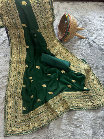 Emerald Green Embroidered Saree with Gold Border – Elegant Indian Party Wear