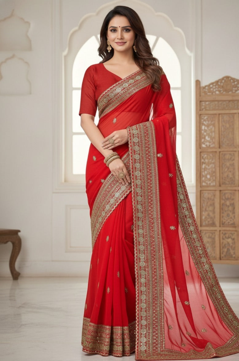 Red Embroidered Saree with Gold Border – Elegant Indian Party Wear