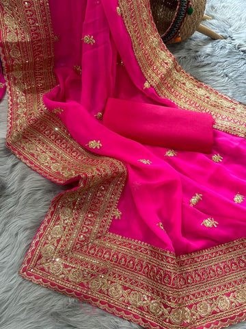 Pink Embroidered Saree with Gold Border – Elegant Indian Party Wear