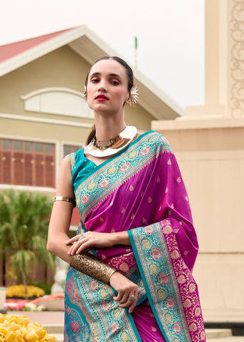 Wine Banarasi Silk Saree with Zari Border | Traditional Indian Ethnic Wear