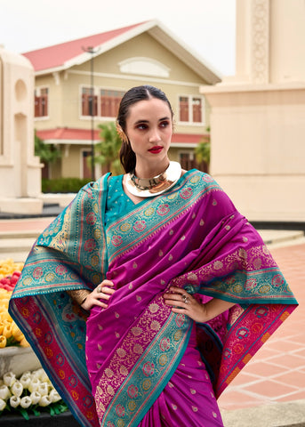 Wine Banarasi Silk Saree with Zari Border | Traditional Indian Ethnic Wear