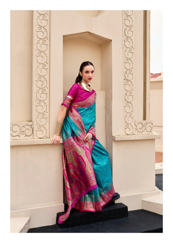 Sky Blue Banarasi Silk Saree with Zari Border | Traditional Indian Ethnic Wear