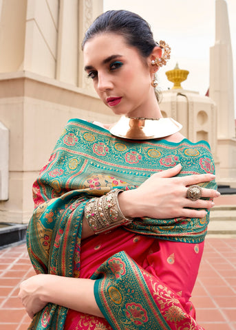 Red Banarasi Silk Saree with Zari Border | Traditional Indian Ethnic Wear