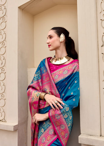 Morpeach Banarasi Silk Saree with Zari Border | Traditional Indian Ethnic Wear