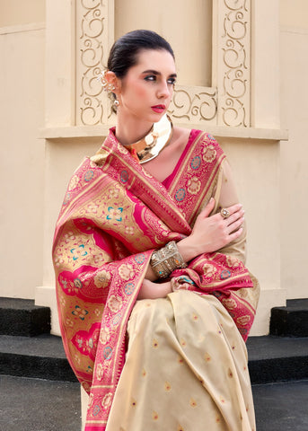 Cream Banarasi Silk Saree with Zari Border | Traditional Indian Ethnic Wear