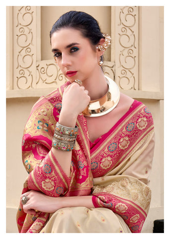 Cream Banarasi Silk Saree with Zari Border | Traditional Indian Ethnic Wear