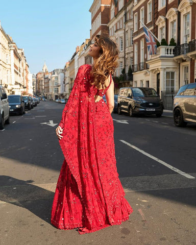 Red Georgette Elegant Street Fashion Portrait | Modern Ethnic Outfit Inspiration for Women