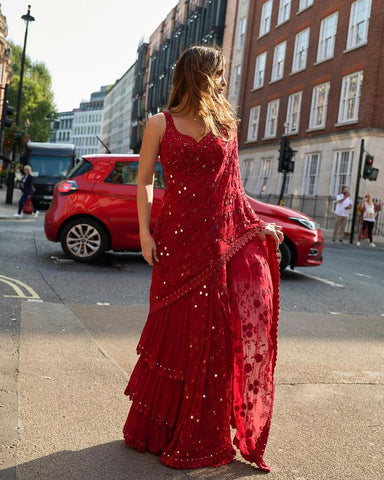 Red Georgette Elegant Street Fashion Portrait | Modern Ethnic Outfit Inspiration for Women