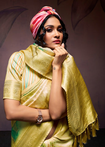 Yellow Elegant Handloom Silk Saree with Gold Zari Border | Luxury Ethnic Wear for Women
