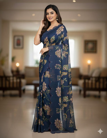 Nevy Blue Floral Embroidered Saree | Designer Indian Saree UK