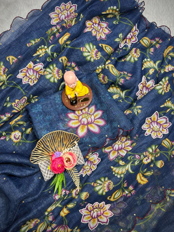 Nevy Blue Floral Embroidered Saree | Designer Indian Saree UK