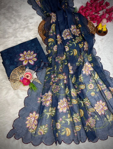 Nevy Blue Floral Embroidered Saree | Designer Indian Saree UK