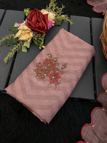 Dusty Rose Floral Embroidered Saree | Designer Indian Saree UK
