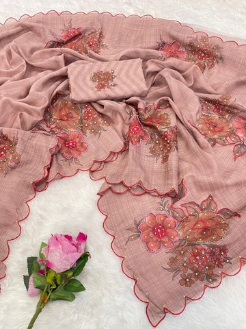 Dusty Rose Floral Embroidered Saree | Designer Indian Saree UK