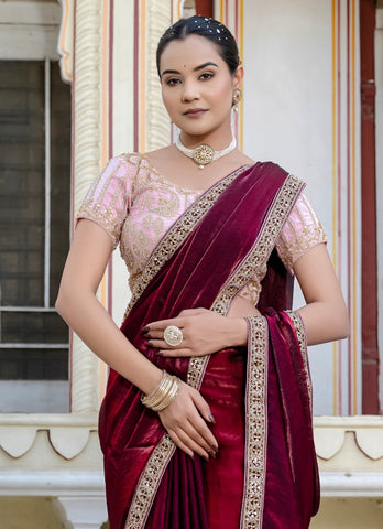 Maroon Velvet Satin Saree Collection | Handwork Lace | Premium Ethnic Wear UK