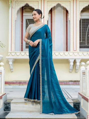 Peacock Blue Velvet Satin Saree Collection | Handwork Lace | Premium Ethnic Wear UK