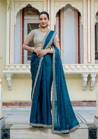 Peacock Blue Velvet Satin Saree Collection | Handwork Lace | Premium Ethnic Wear UK