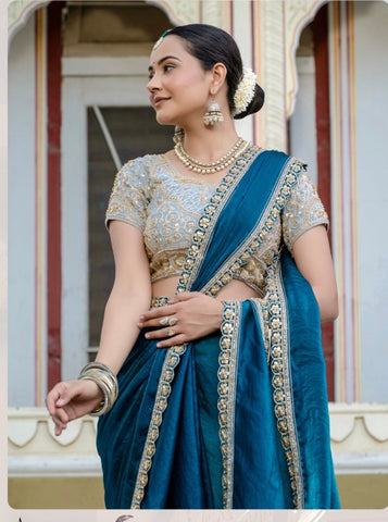 Peacock Blue Velvet Satin Saree Collection | Handwork Lace | Premium Ethnic Wear UK