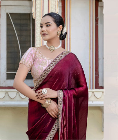 Maroon Velvet Satin Saree Collection | Handwork Lace | Premium Ethnic Wear UK