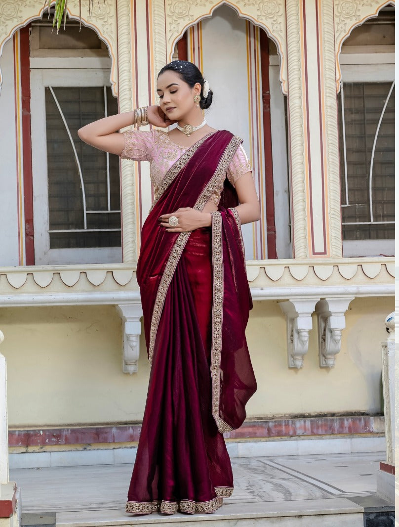 Maroon Velvet Satin Saree Collection | Handwork Lace | Premium Ethnic Wear UK