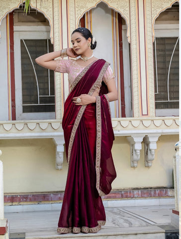Maroon Velvet Satin Saree Collection | Handwork Lace | Premium Ethnic Wear UK