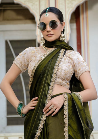 Green Velvet Satin Saree Collection | Handwork Lace | Premium Ethnic Wear UK