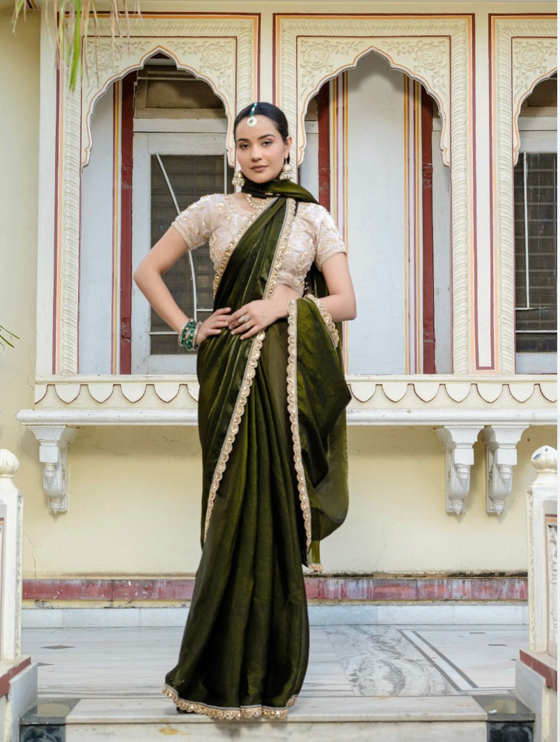 Green Velvet Satin Saree Collection | Handwork Lace | Premium Ethnic Wear UK