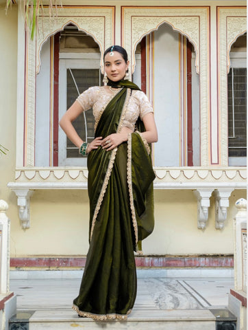 Green Velvet Satin Saree Collection | Handwork Lace | Premium Ethnic Wear UK