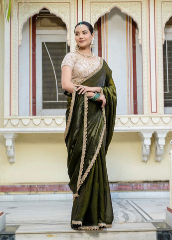 Green Velvet Satin Saree Collection | Handwork Lace | Premium Ethnic Wear UK