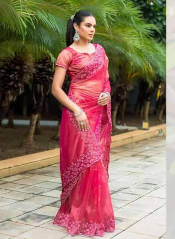 Pink Color Embroidered Organza Saree with Blouse – Lightweight Party Wear Saree for Weddings & Festive Occasions (UK Indian Collection) (Copy)