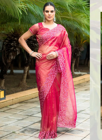 Pink Color Embroidered Organza Saree with Blouse – Lightweight Party Wear Saree for Weddings & Festive Occasions (UK Indian Collection) (Copy)