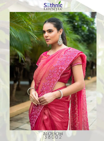 Pink Color Embroidered Organza Saree with Blouse – Lightweight Party Wear Saree for Weddings & Festive Occasions (UK Indian Collection) (Copy)