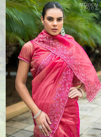 Pink Color Embroidered Organza Saree with Blouse – Lightweight Party Wear Saree for Weddings & Festive Occasions (UK Indian Collection) (Copy)