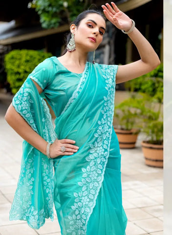 Sky Blue Color Embroidered Organza Saree with Blouse – Lightweight Party Wear Saree for Weddings & Festive Occasions (UK Indian Collection) (Copy) (Copy)