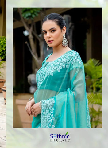 Sky Blue Color Embroidered Organza Saree with Blouse – Lightweight Party Wear Saree for Weddings & Festive Occasions (UK Indian Collection) (Copy) (Copy)