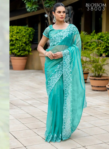 Sky Blue Color Embroidered Organza Saree with Blouse – Lightweight Party Wear Saree for Weddings & Festive Occasions (UK Indian Collection) (Copy) (Copy)