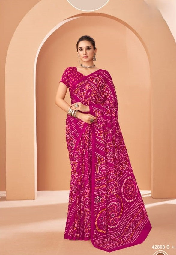 PURPLE Bandhani Print Saree with Blouse Piece – Traditional Ethnic Wear for Women
