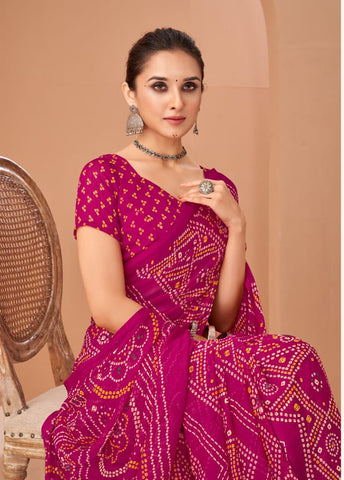 PINK Bandhani Print Saree with Blouse Piece – Traditional Ethnic Wear for Women