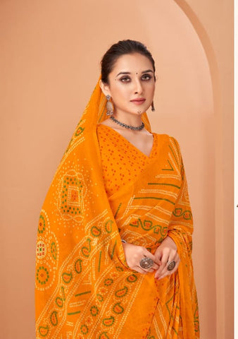 YELLOW Bandhani Print Saree with Blouse Piece – Traditional Ethnic Wear for Women